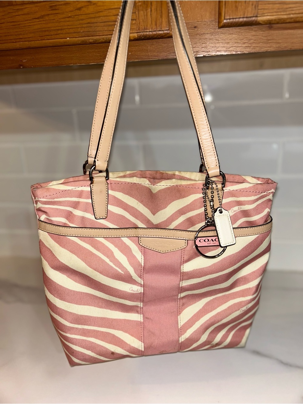 Coach Pink and Cream Zebra-Print Tote